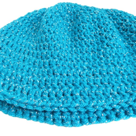Sparkling Blue Skull Cap OS Handmade Crochet Hand Knit Warm Beanie Hat NWT - Picture 6 of 7